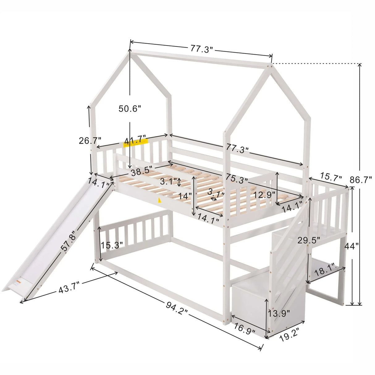 Twin Over Twin House Bunk Bed With Convertible Slide, Storage Staircase - Furniture Home Direct