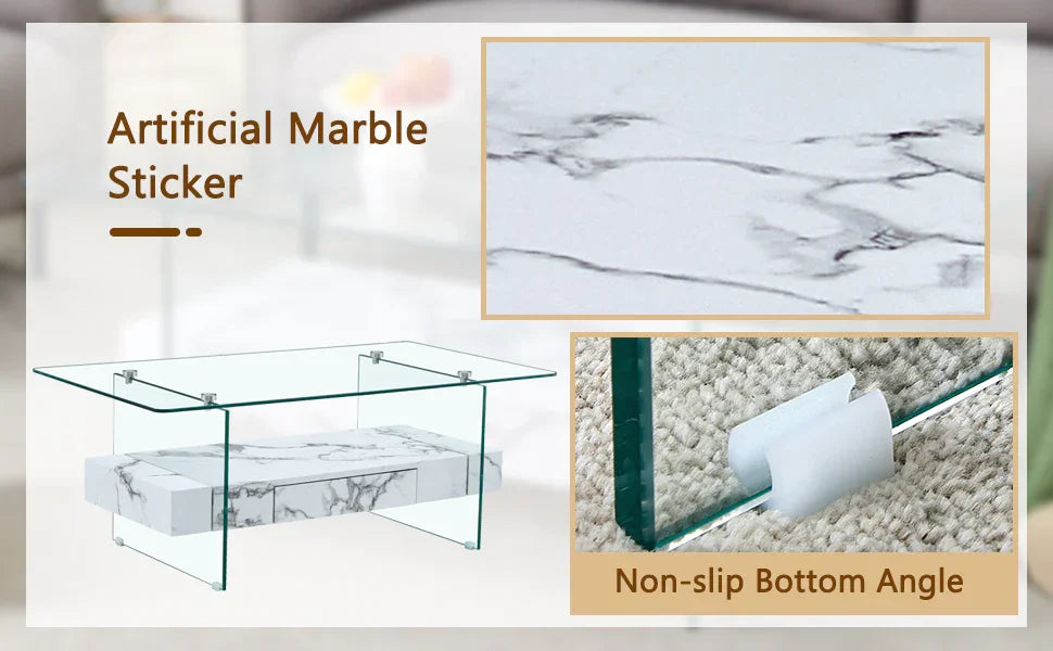 Coffee Table Glass Top Marble Base Modern Style White - Furniture Home Direct