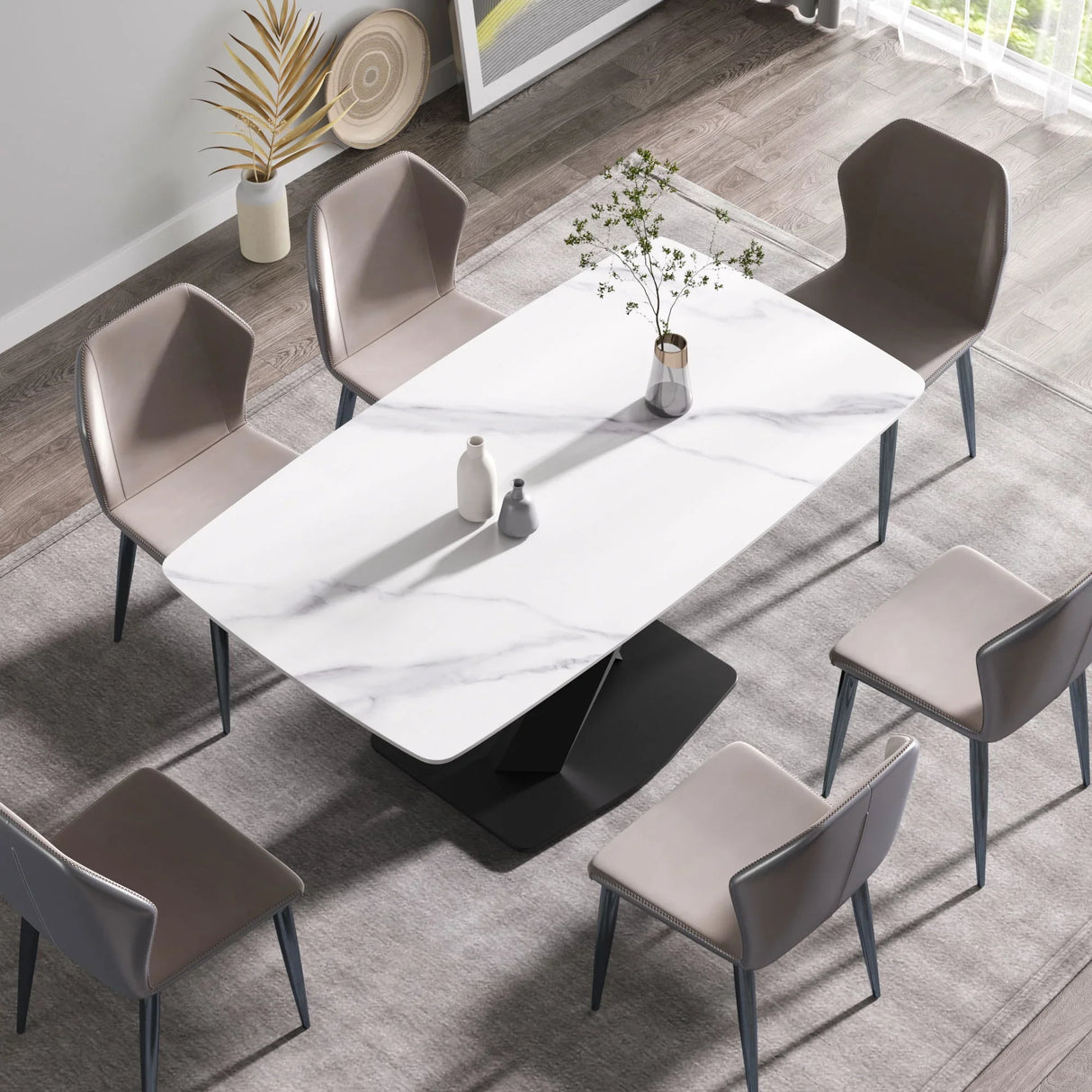 63" Modern Artificial Stone Dining Table, 6 People - White / Black - Furniture Home Direct