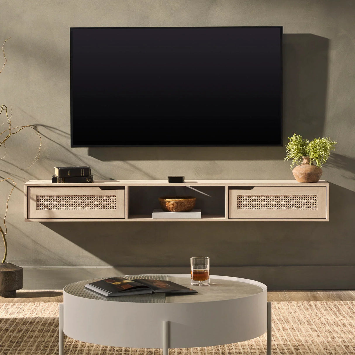 Modern Rattan Door Floating TV Stand For TVs Up To 65" - Furniture Home Direct
