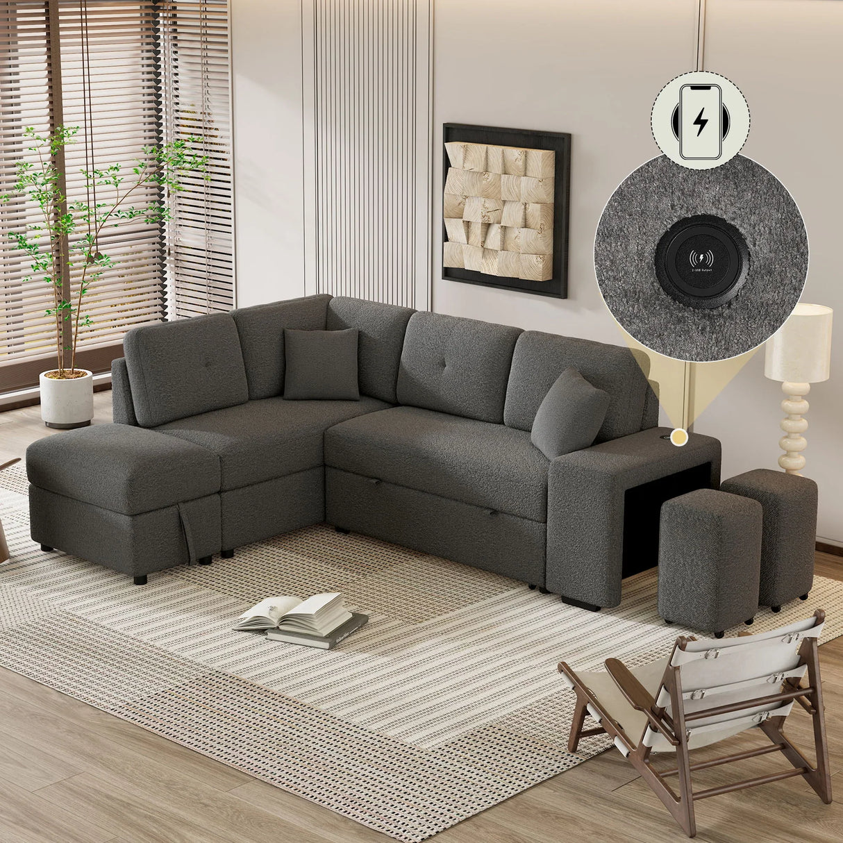 Convertible Sleeper, Sectional Pull Out Sofa Bed With Storage Ottoman, 2 Throw Pillows, 2 Stools, Wireless Charger And Two Hidden USB Ports For Living Room - Furniture Home Direct