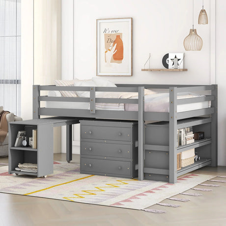 Loft Low Study Bed With Cabinet, Shelves And Rolling Portable Desk, Multiple Functions - Furniture Home Direct
