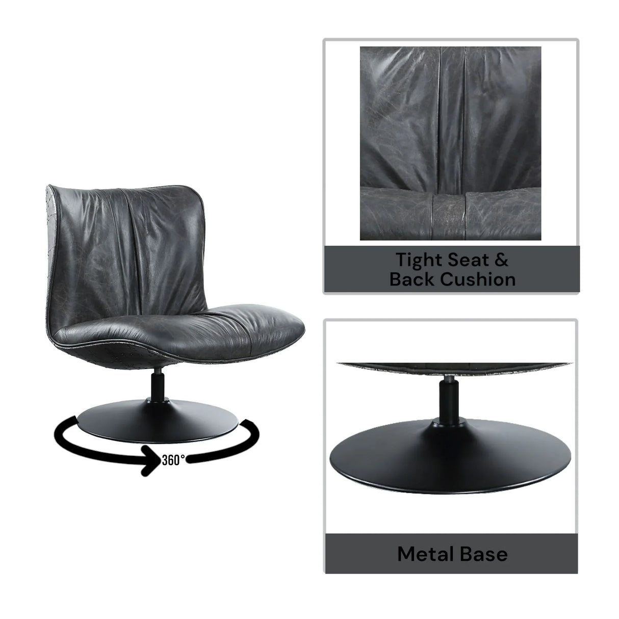 Piotr - Top Grain Leather Accent Chair With Swivel - Black - Furniture Home Direct
