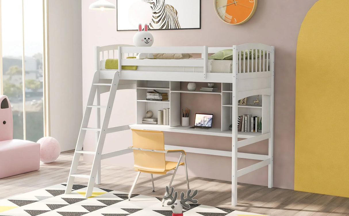 Loft Bed With Storage Shelves, Desk And Ladder - Furniture Home Direct