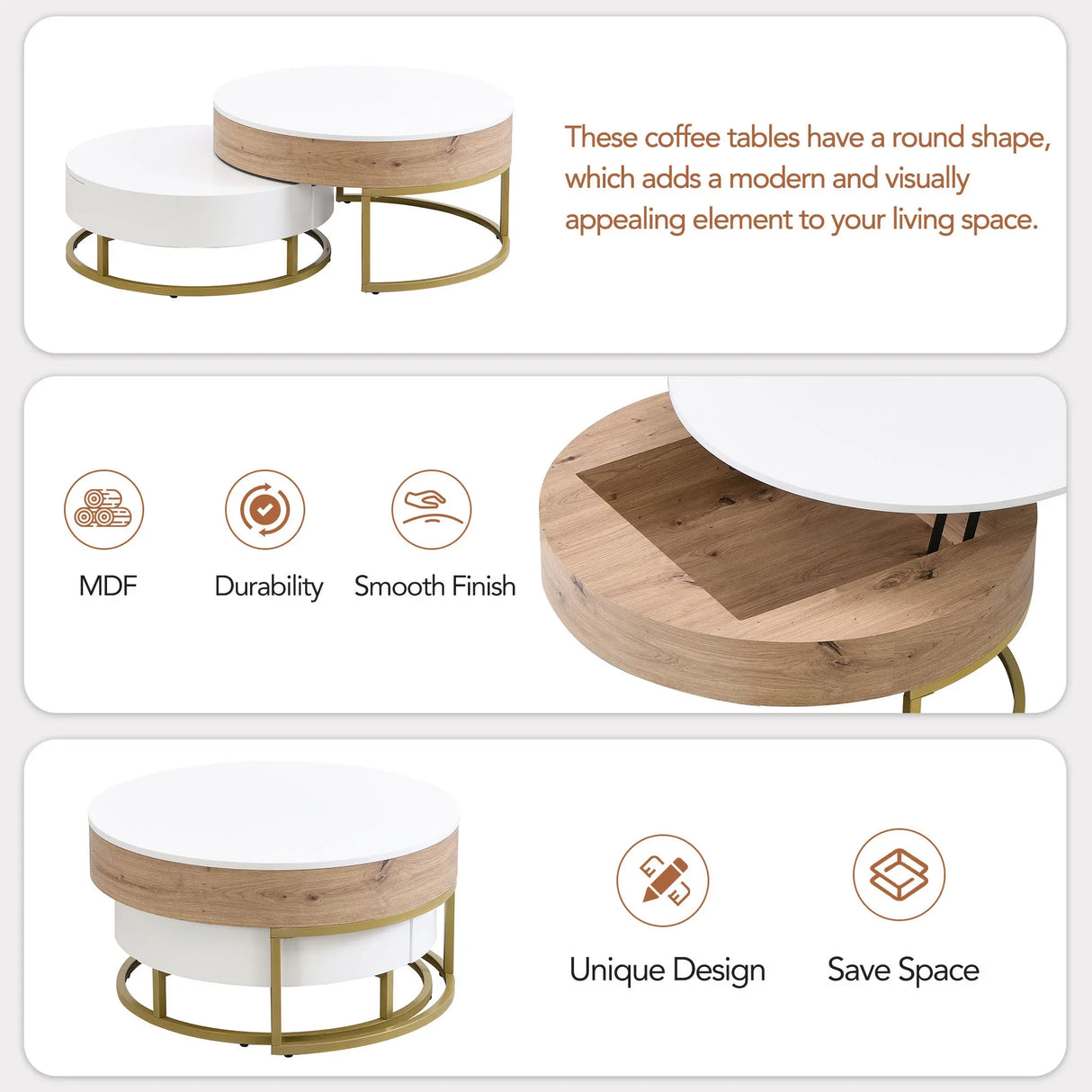 Nesting Coffee Tables Lift Top With 2 Drawers White Natural - Furniture Home Direct