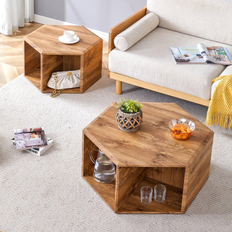 Coffee Table Set Hexagonal Wood Open Shelves Modern Wood - Furniture Home Direct