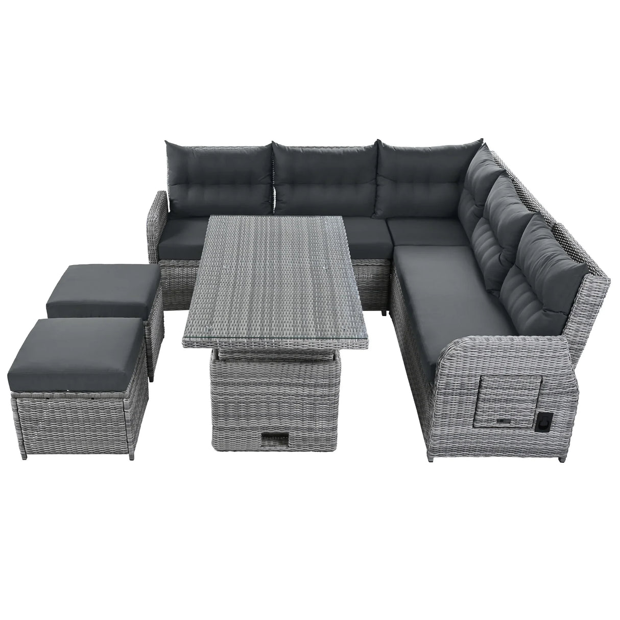 6 Piece Patio Set With An Adjustable Table, Recliners With Extendable Side Tables, And 2 Ottomans - Gray - Furniture Home Direct