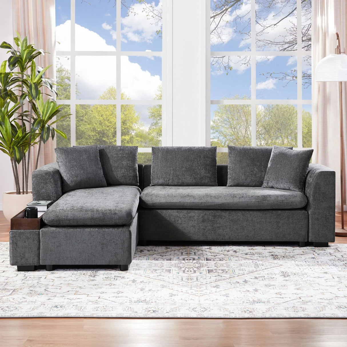 Modern L Shaped Sectional Sofa With Chenille Upholstery And Wooden Storage - Furniture Home Direct