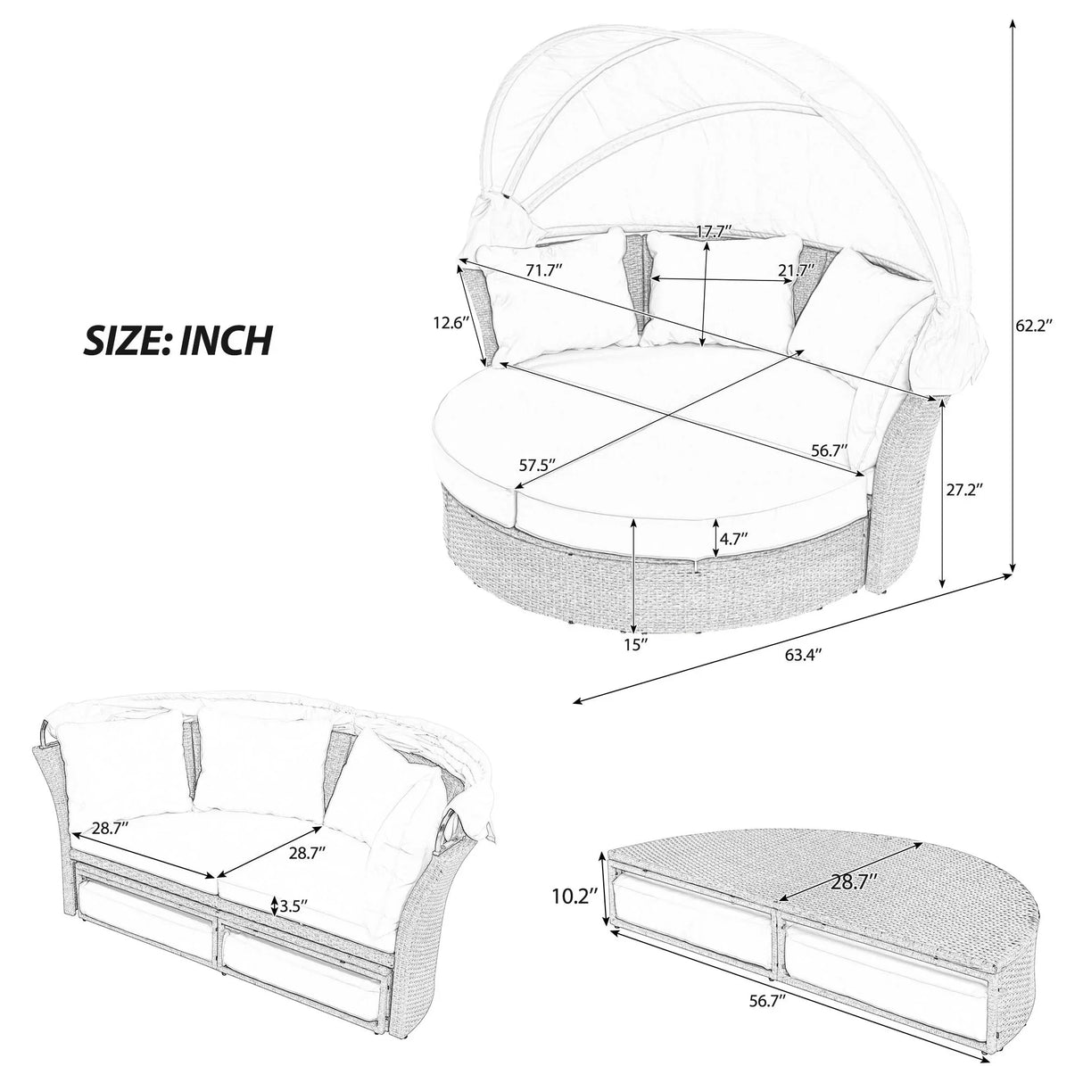 Outdoor Patio Daybed Wicker Rattan Double Daybed Round Sofa Furniture Set With Retractable Canopy, 4 Pillows For Lawn Garden - Furniture Home Direct