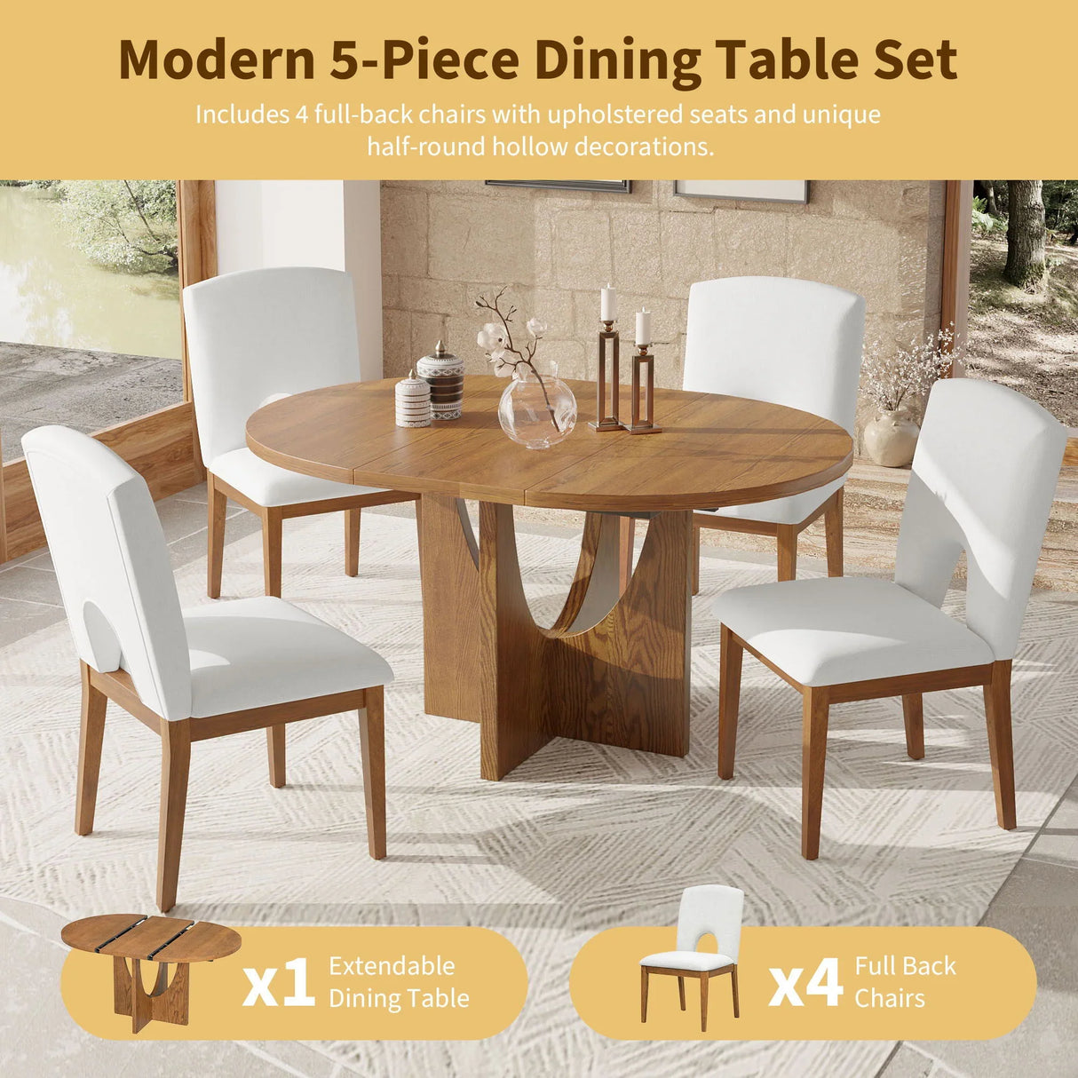 Topmax - 5 Piece Modern Extendable Round Dining Table Set With Removable Leaf For Small Places - Furniture Home Direct