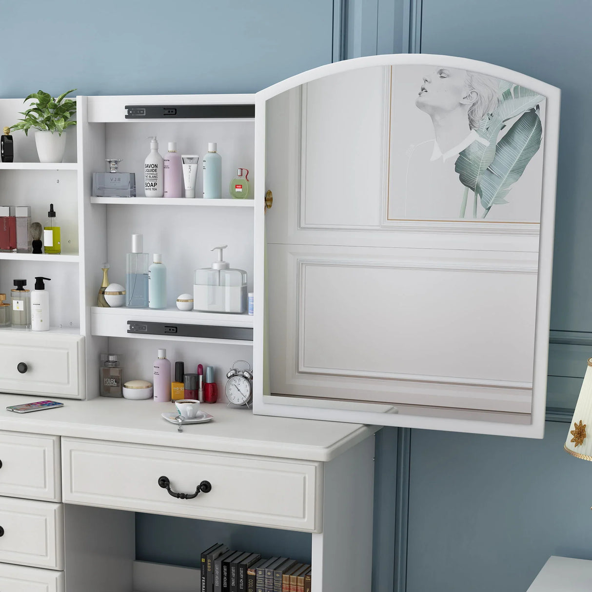 Fashion Vanity Desk With Mirror And Adjustable Lighting, 6 Drawers, 3 Color Light Modes - White - Furniture Home Direct