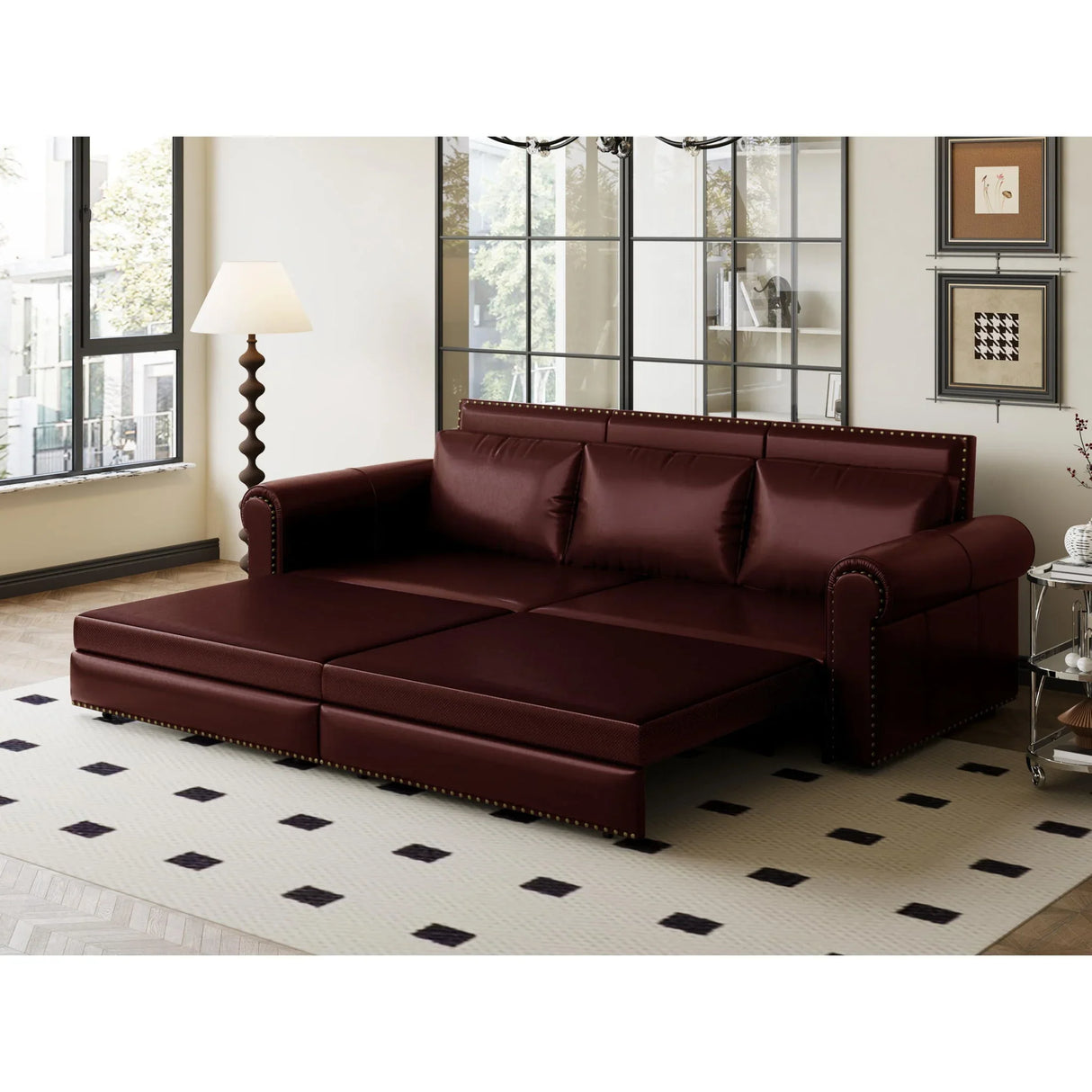 3 In 1 Convertible Sleeper Sofa With Nailhead Trim & Rolled Arm - Furniture Home Direct