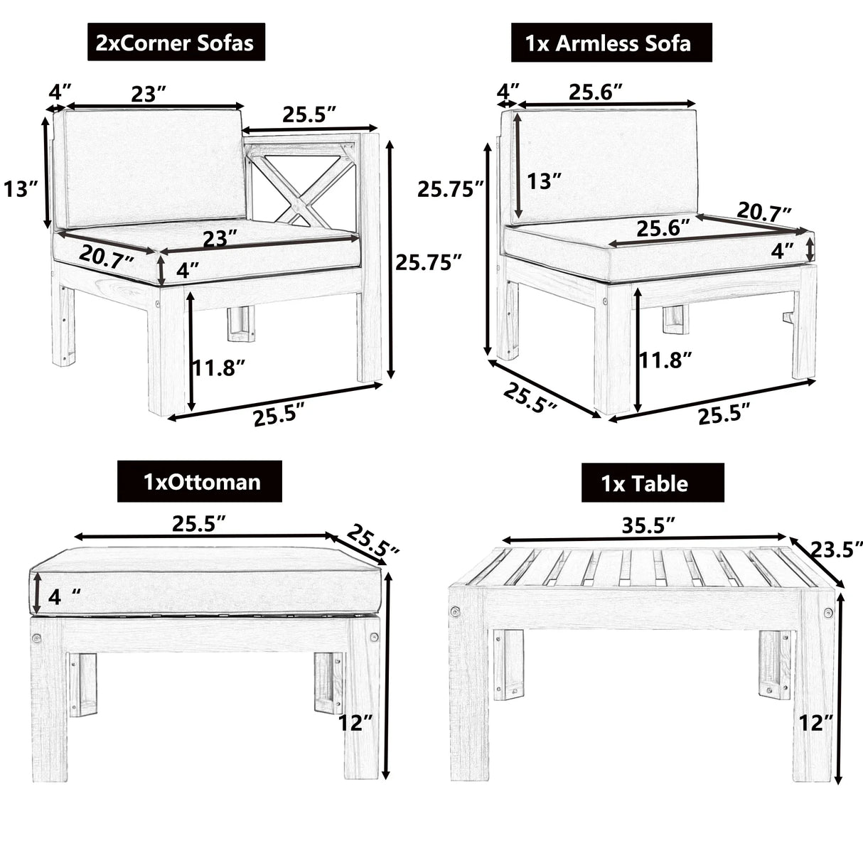 Outdoor 5-Piece Sectional Set with Cushions, Natural Finish+ Beige Cushions - Furniture Home Direct