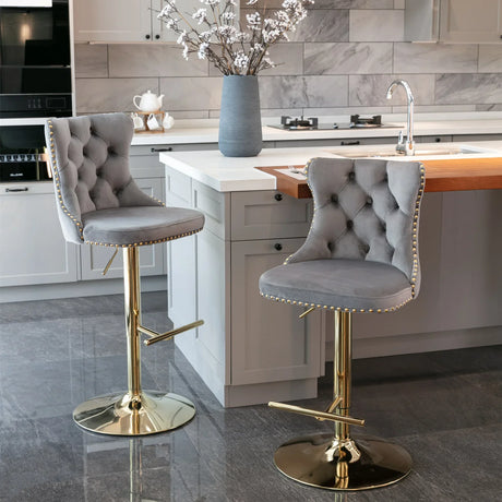 Bar Stools Velvet Upholstered Swivel Backed Set Of 2 Gray - Furniture Home Direct