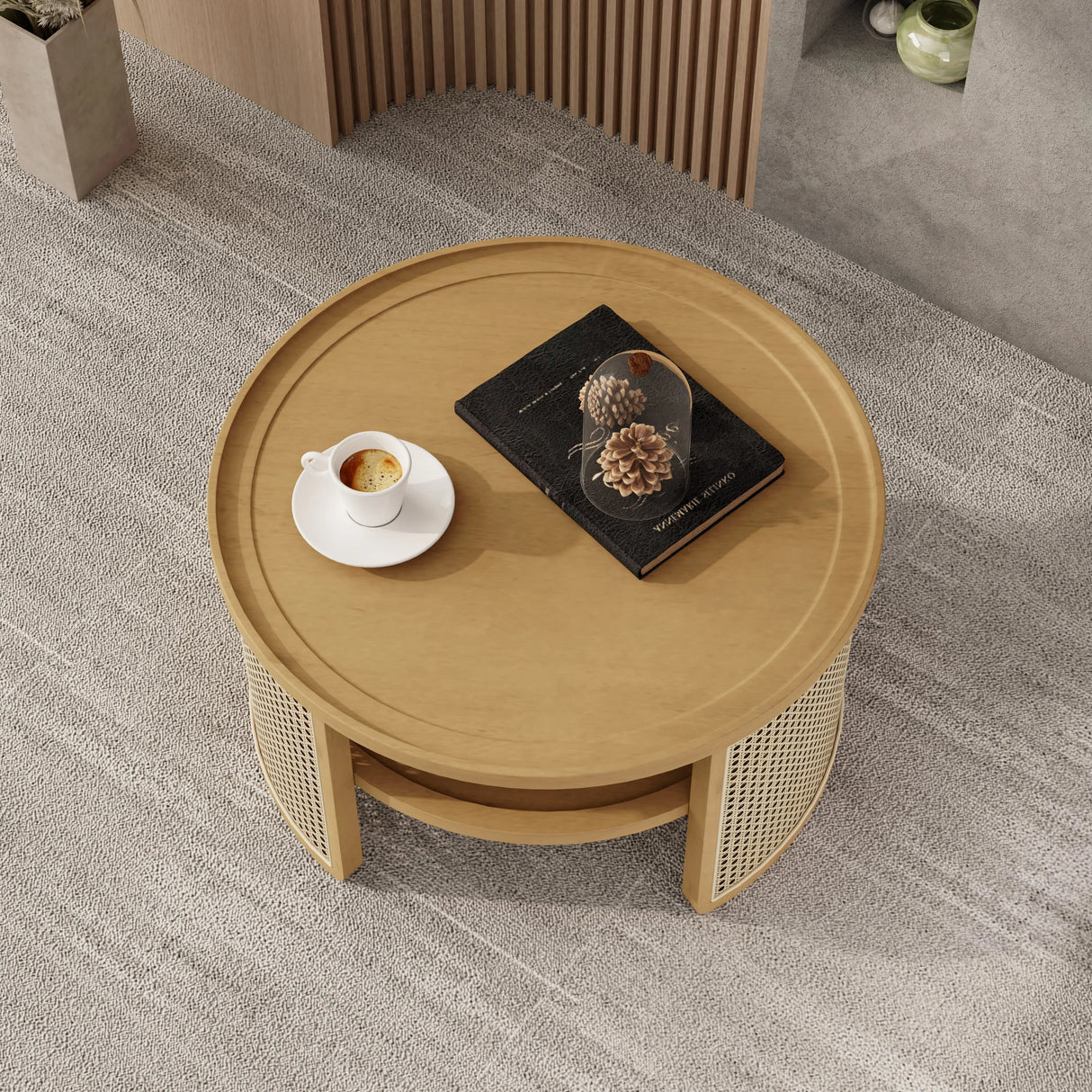 Round Coffee Table With Storage Caned Sides Natural - Furniture Home Direct