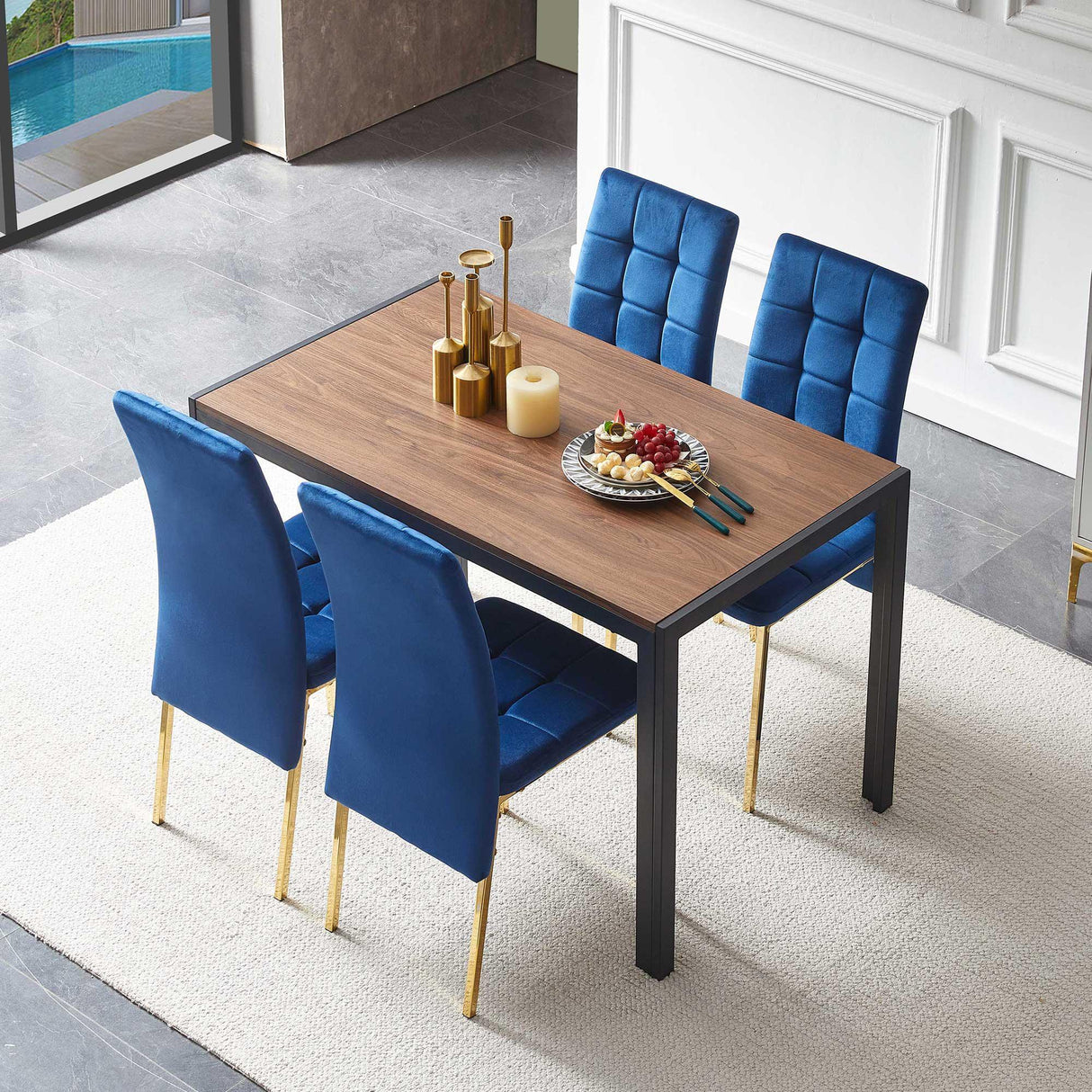 5 Pieces Dining Set Including Velvet High Back Golden Color Legs Nordic Dining Chair & Creative Design Dining Table - Furniture Home Direct