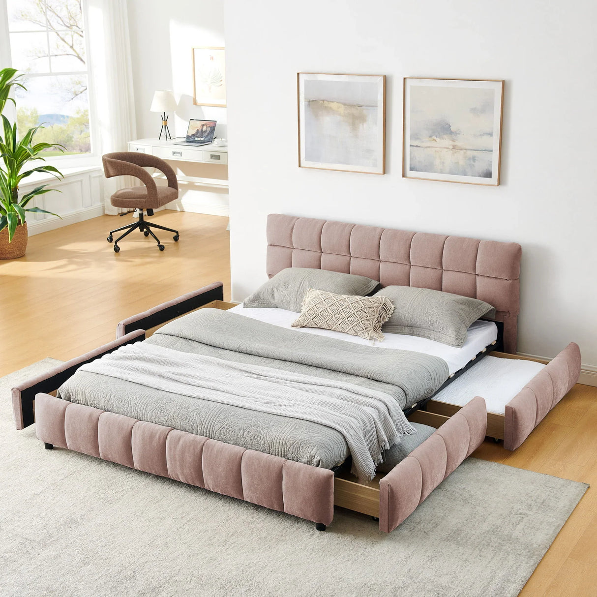 Modern Platform Bed Frame With Thick Chenille Fabric - Furniture Home Direct