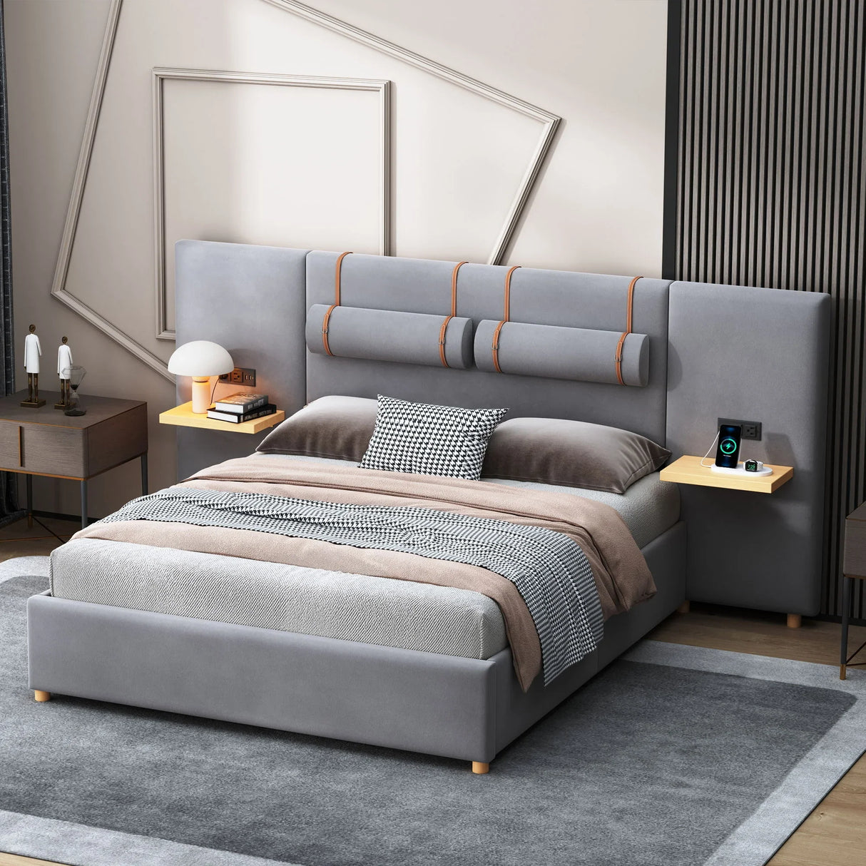 Upholstered Platform Bed, 2 Outlets And USB Charging Ports On Both Sides, 2 Bedside Pillows, Storage Shelves - Furniture Home Direct