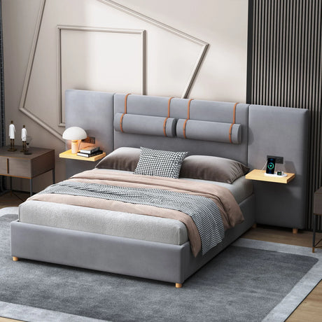 Upholstered Platform Bed, 2 Outlets And USB Charging Ports On Both Sides, 2 Bedside Pillows, Storage Shelves - Furniture Home Direct