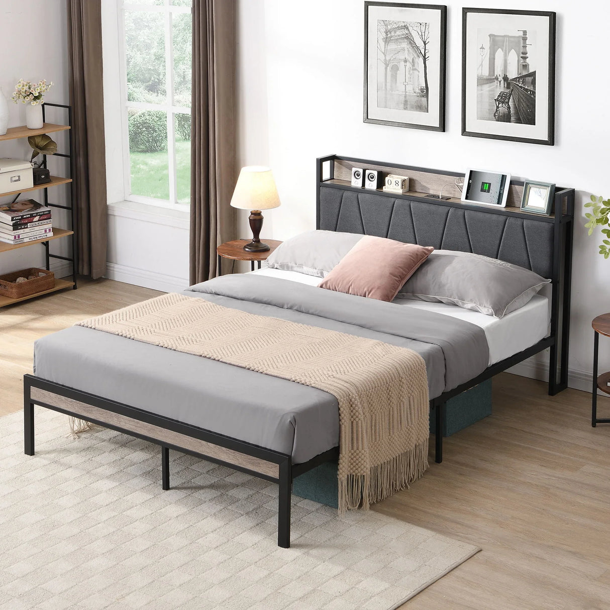 Modern Bed Frame With LED Lights, Upholstered Headboard, USB Charging - Furniture Home Direct