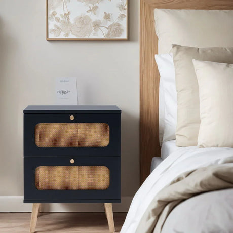 2 Drawer Rattan Nightstand For Bedroom And Living Room, End Table, Side Table With 2 Hand Made Rattan Decorated Drawers - Black - Furniture Home Direct