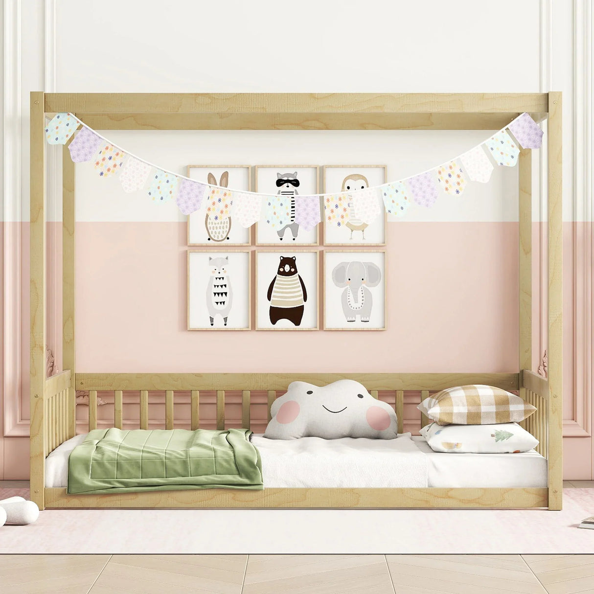 Canopy Frame Floor Bed With Fence, Guardrails - Furniture Home Direct