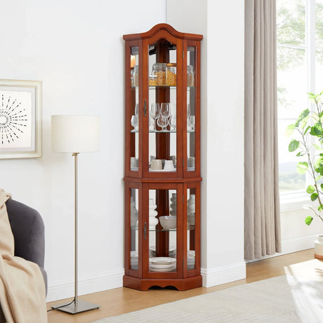 Corner Curio Cabinet With Lights, Adjustable Tempered Glass Shelves, Mirrored Back, Display Cabinet (E26 Light Bulb Not Included) - Walnut - Furniture Home Direct
