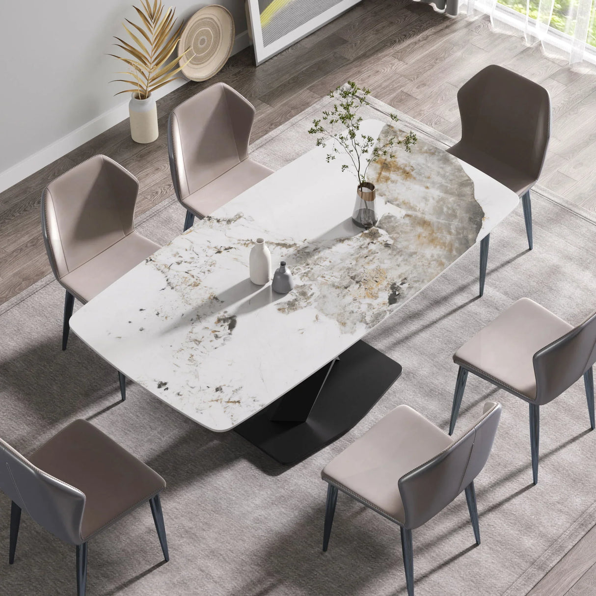 Modern Artificial Stone Pandora White Curved Metal Leg Dining Table, Can Accommodate 6-8 People - Antique White - Furniture Home Direct