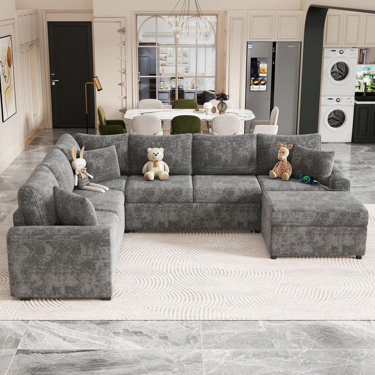 Sectional Sofa Pull-Out Sofa Bed Sleeper With A Storage Ottoman, Three Pillows And Charging Devices For Living Room - Furniture Home Direct