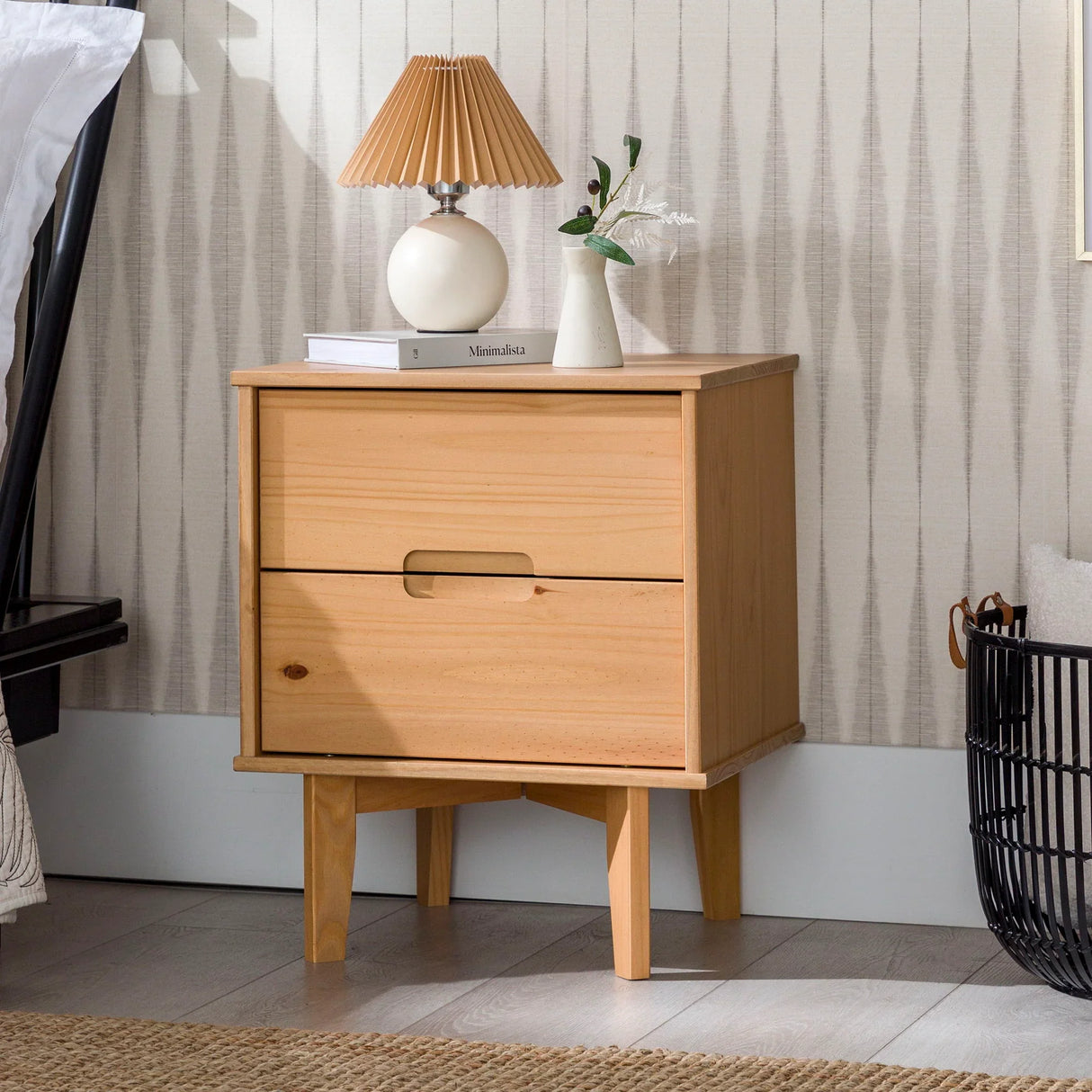 Mid-Century Modern Solid Wood 2 Drawer Nightstand - Natural Pine - Furniture Home Direct