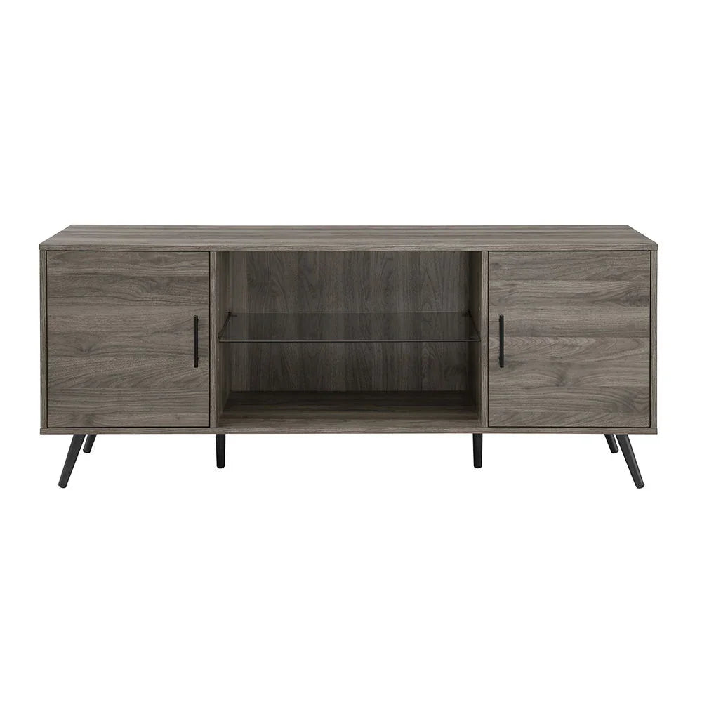 Mid-Century Modern 2 Door TV Stand With Glass Shelf - Furniture Home Direct