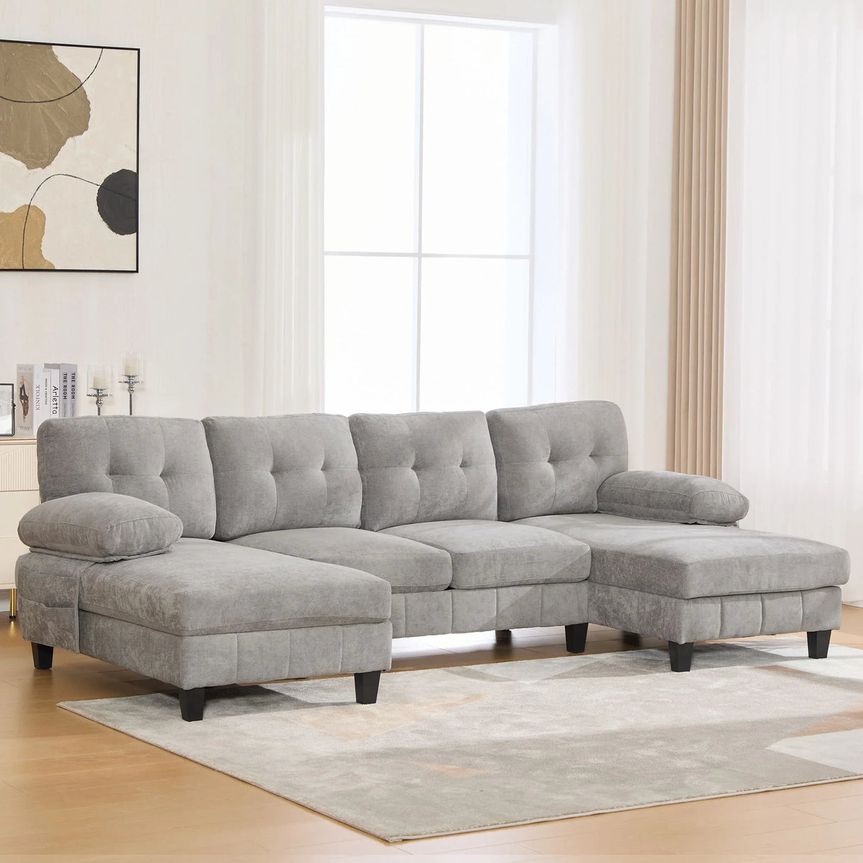 U-Shaped Sectional Sofa 103.5" Black Chenille Fabric Couch With Dual Chaise Lounges, Storage Pockets, Armrest Pillows - Furniture Home Direct