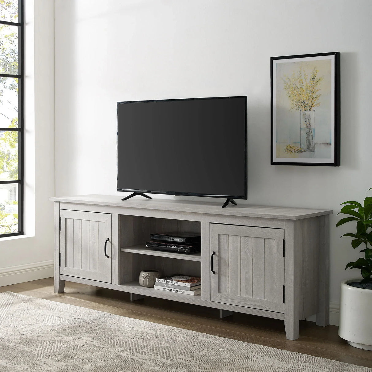 Modern Farmhouse 2 Door Grooved 70" TV Stand For 85" TVs - Furniture Home Direct