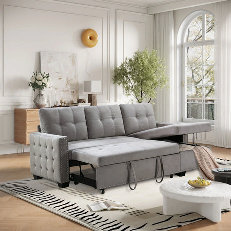 Reversible Sectional Storage Sleeper Sofa Bed, L-Shape 2 Seat Sectional Chaise With Storage, Skin-Feeling Velvet Fabric - Furniture Home Direct