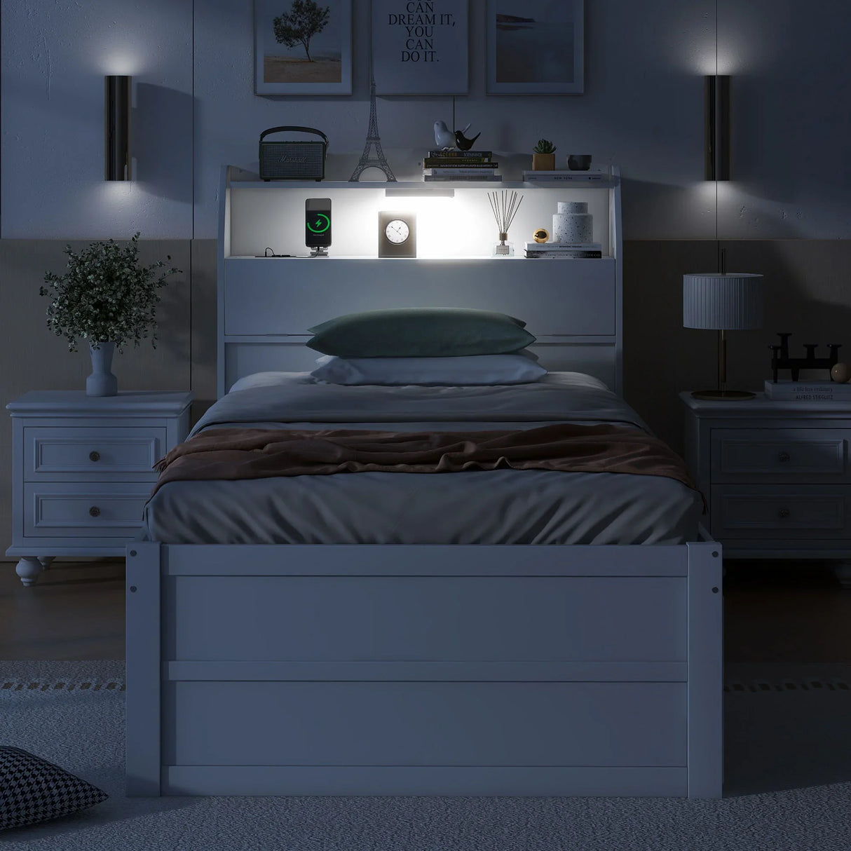 LED Platform Bed With Trundle With Storage Headboard With Drawers - Furniture Home Direct