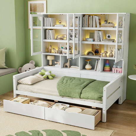 Daybed With Glass Door Storage Cabinets, Built In LED Lighting And Shelves - Furniture Home Direct