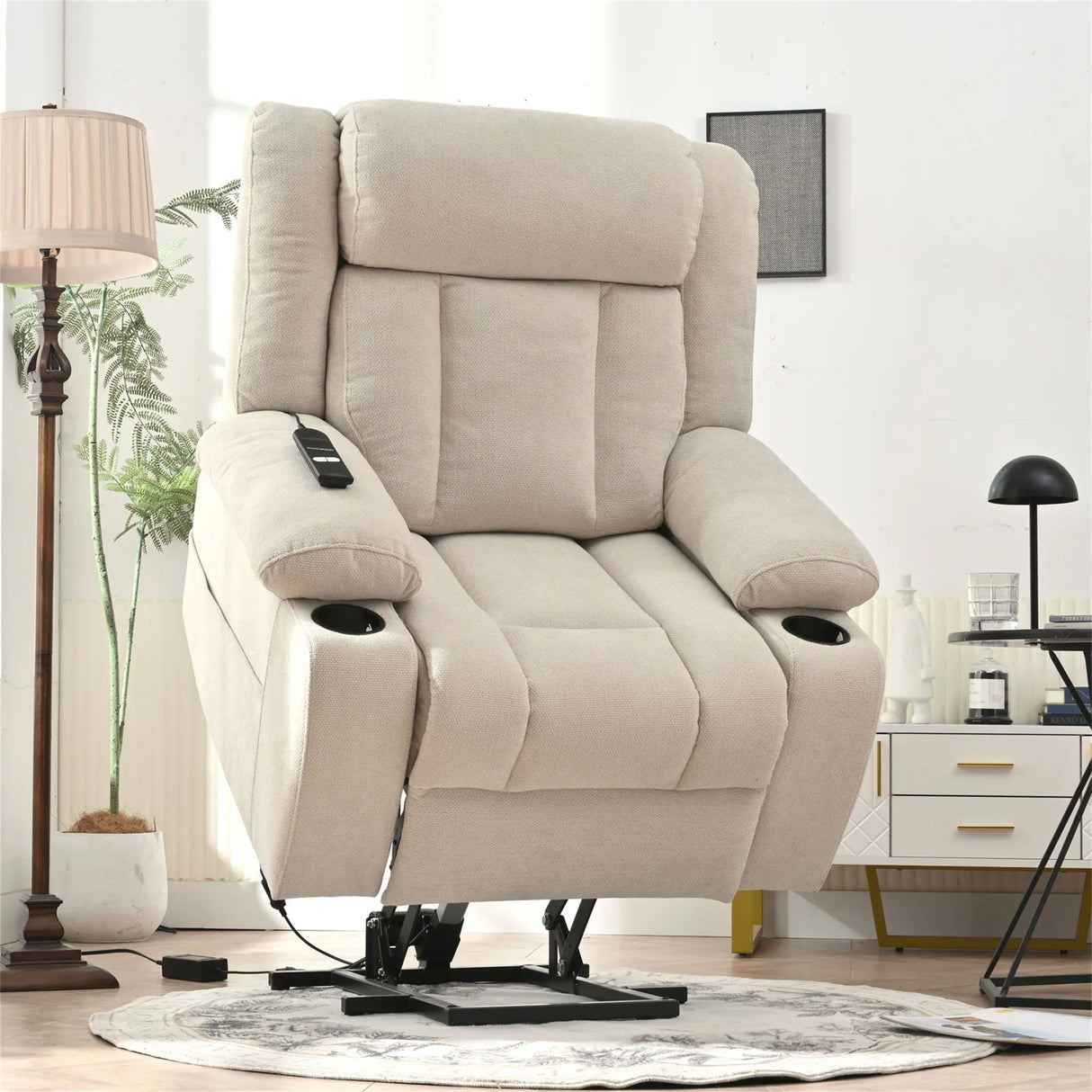 Power Lift Recliner Chair With Extended Footrest, Remote Control, Cup Holders, And Side Pockets - Furniture Home Direct