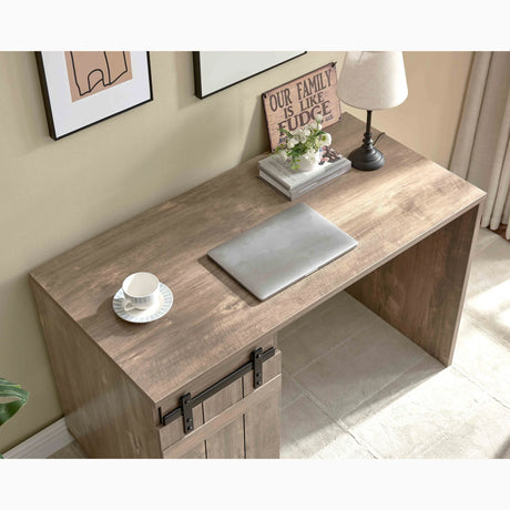 Home Office Desk Hazelnut One Cabinet Three Shelves Faux Barn Door On Metal Euro Hinges Modesty Panel - Light Brown - Furniture Home Direct