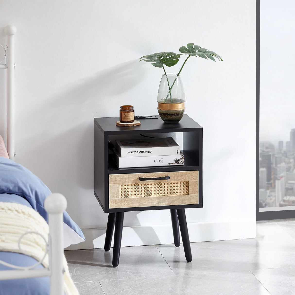 15.75" Rattan End Table With Power Outlet & USB Ports, Modern Nightstand With Drawer And Solid Wood Legs, Side Table For Living Room, Bedroom - Furniture Home Direct