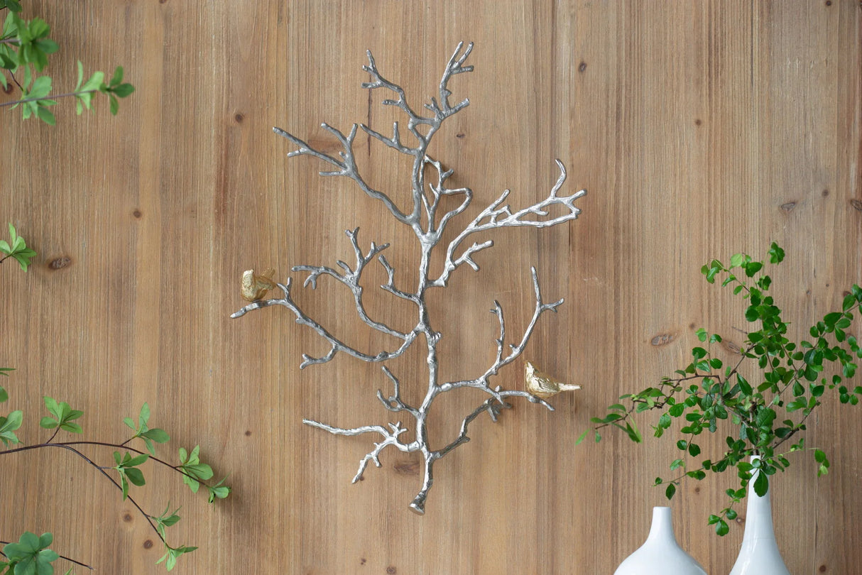 Metal Branch Wall Sculptures With Bird Accents (Set of 2) - Silver Multi - Furniture Home Direct
