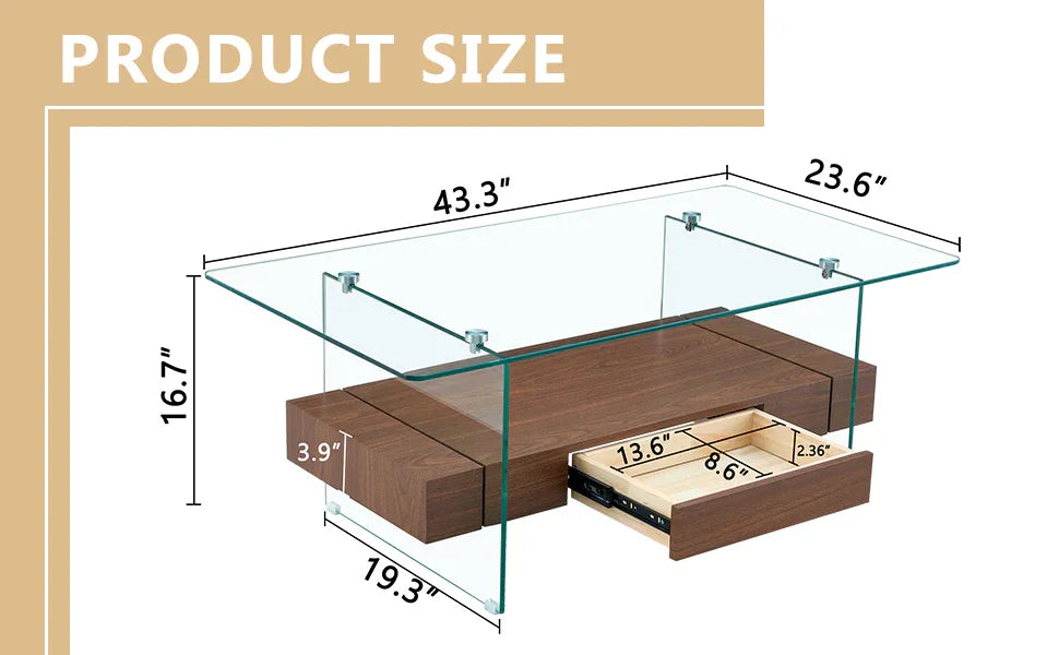 Coffee Table Two Tier Glass Top With Drawer Dark Walnut - Furniture Home Direct