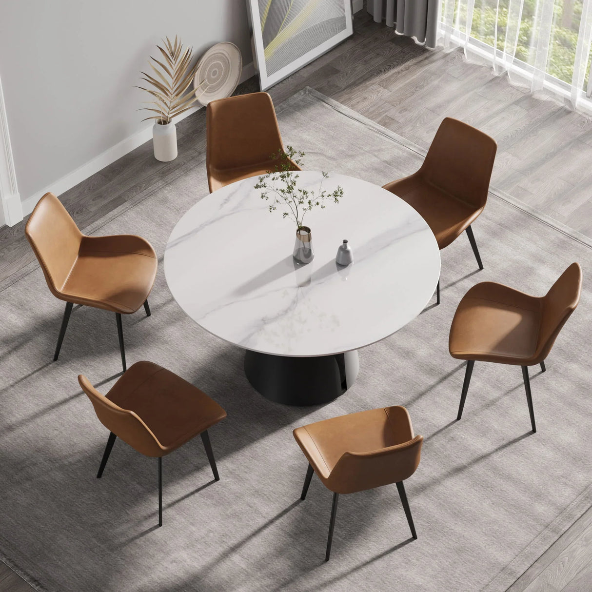 53.15" Modern Artificial Stone Round Carbon Steel Base Dining Table, Can Accommodate 6 People - White / Black - Furniture Home Direct