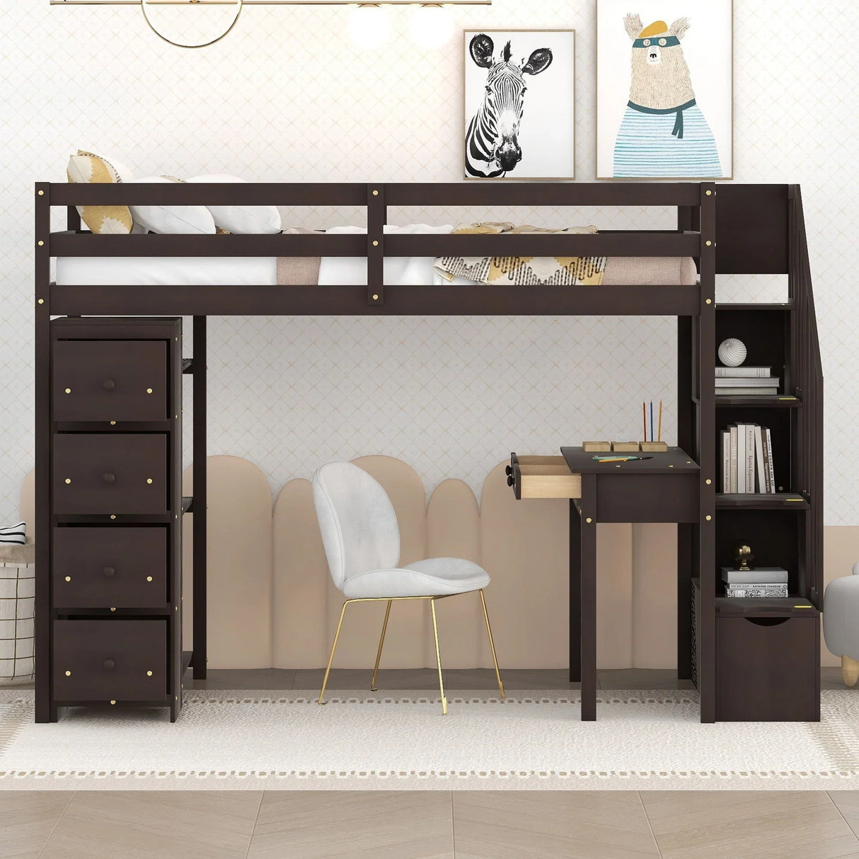 Loft Bed With Storage Drawers, Desk And Stairs With Shelves - Furniture Home Direct