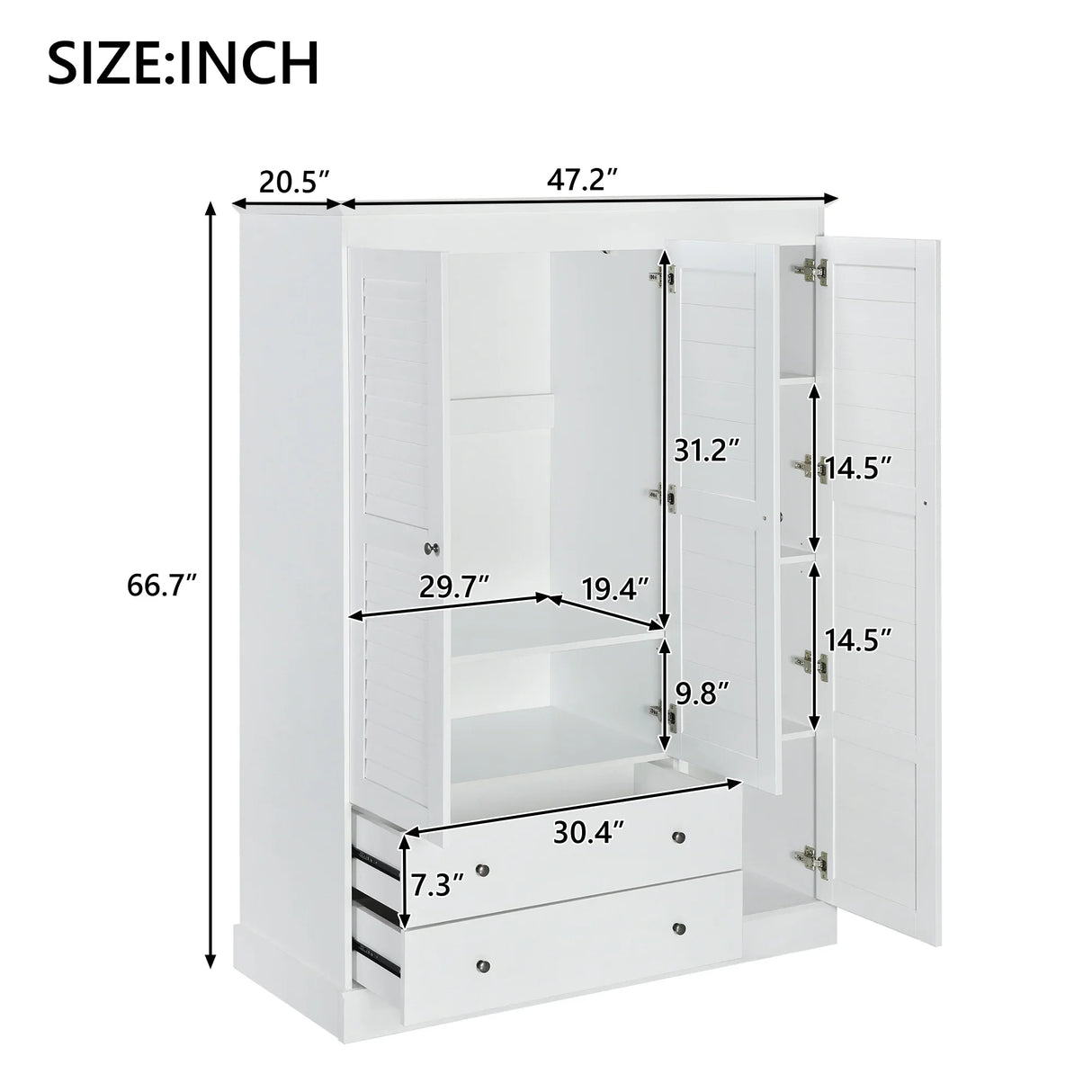 3 Shutter Door Wardrobe Armoire Closet with 2 Drawers, White - Furniture Home Direct