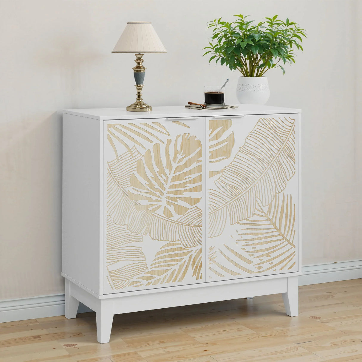 Leaf Carved Cabinet With Adjustable Shelves - White - Furniture Home Direct