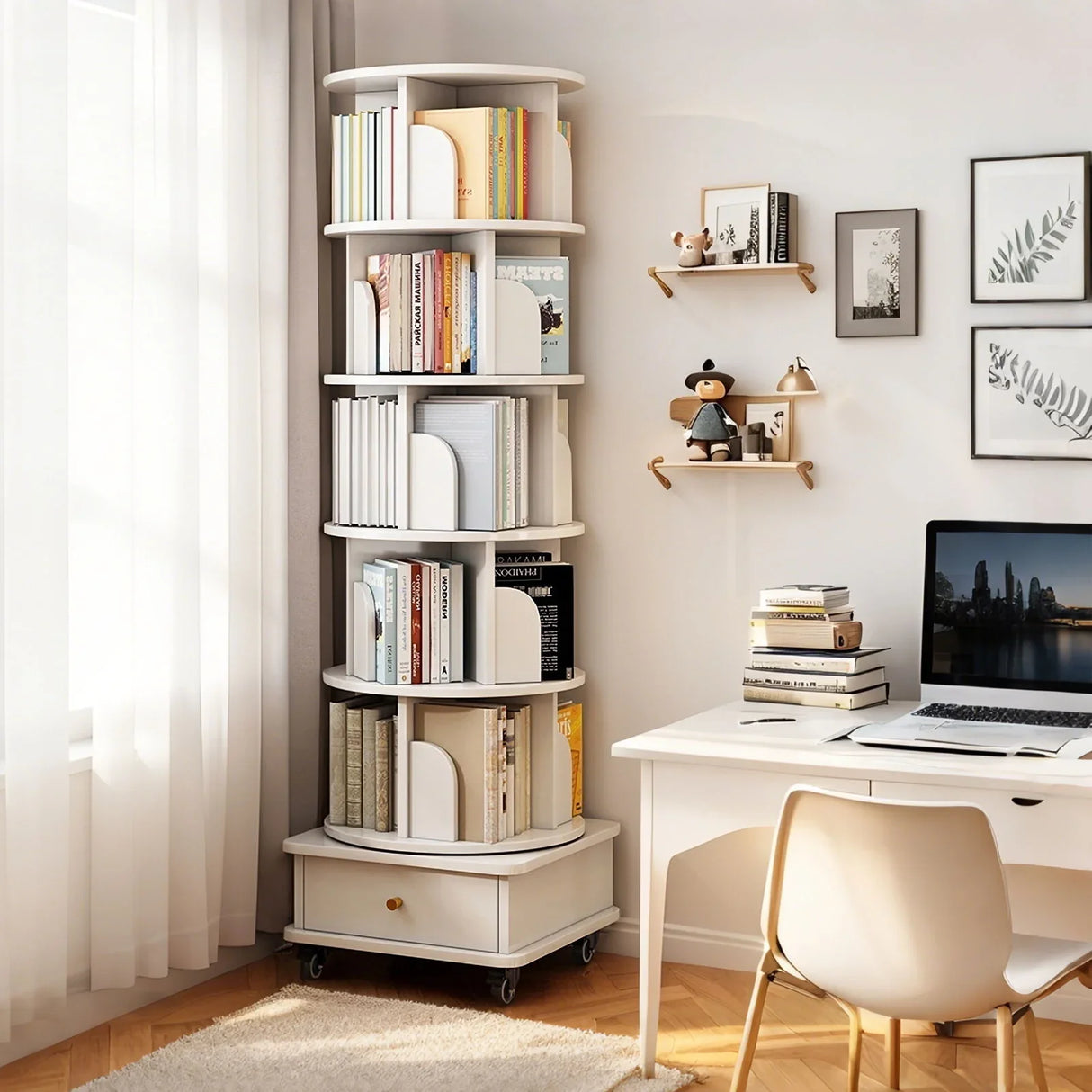 Rotating Bookshelf With Wheels And Drawer, 360° Spinning Design, Space Saving Storage - Furniture Home Direct
