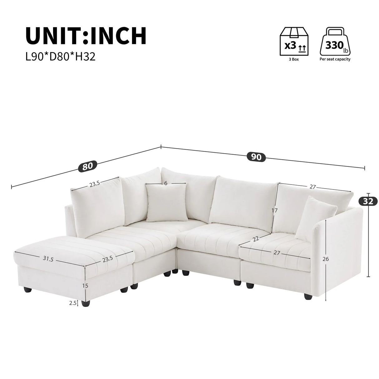 Modern Sectional Sofa With Vertical Stripes, 2 Pillows, 5 Seat Couch With Convertible Ottoman, Various Combinations, L-Shape Indoor Furniture For Living Room - Furniture Home Direct