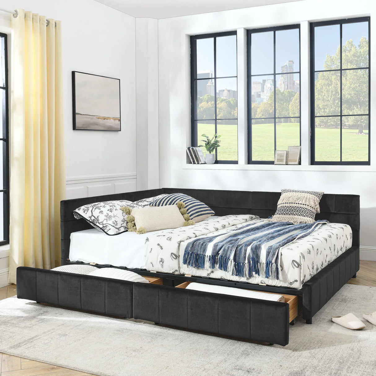 Mid-Century Storage Upholstered Tufted Bed Frame With Backrest And Armrests - Furniture Home Direct