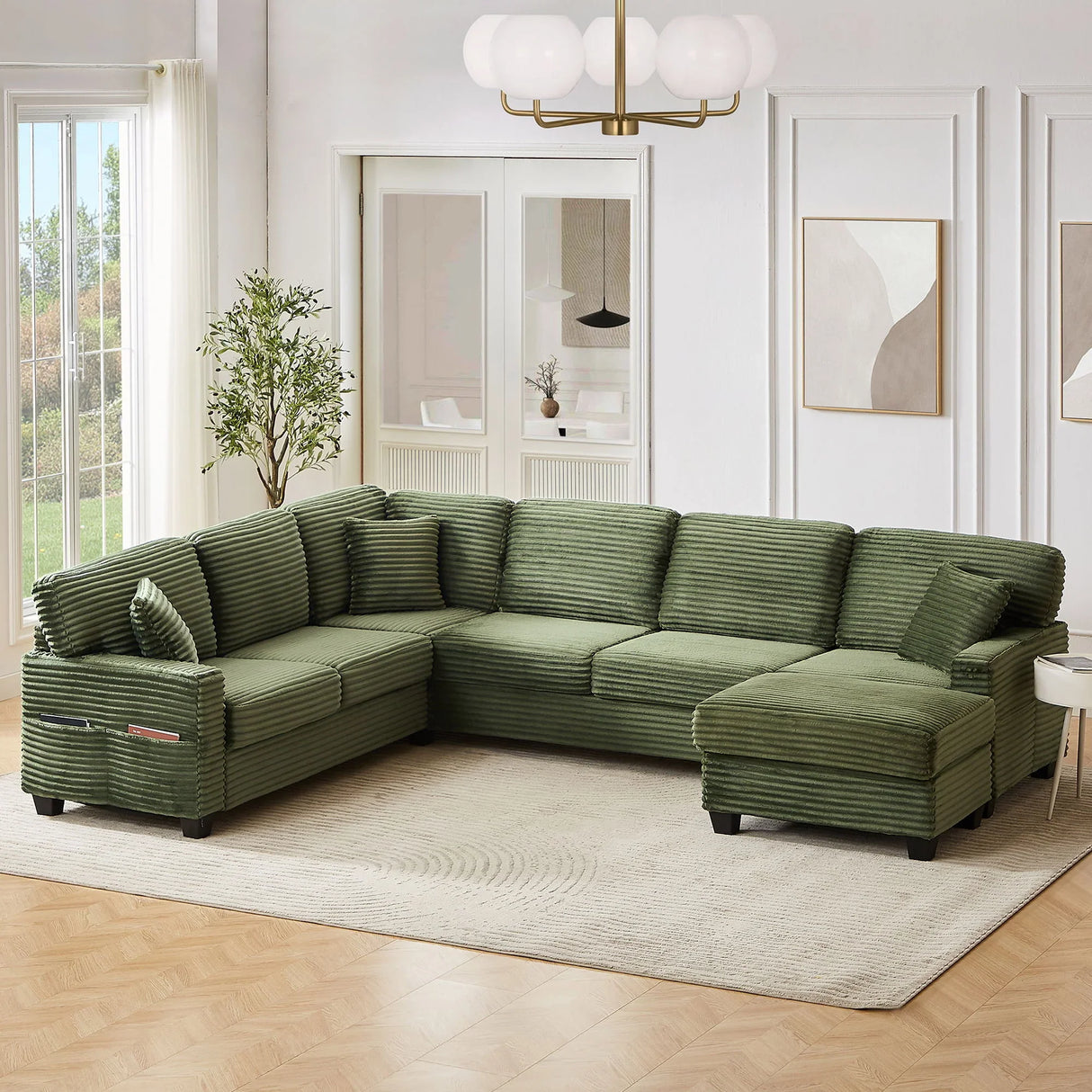 Upholstered U-Shaped Sectional Sofa With Movable Ottoman And Side Storage Pockets - Furniture Home Direct