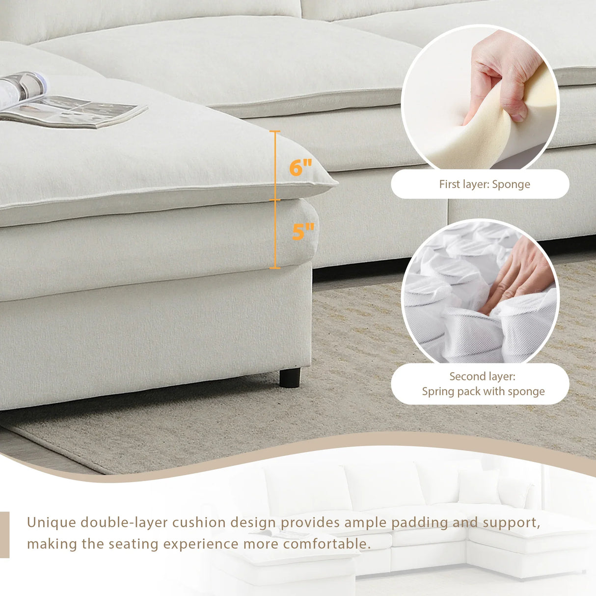 Sectional Sofa Chenille L Shaped Living Room Comfort Cream - Furniture Home Direct